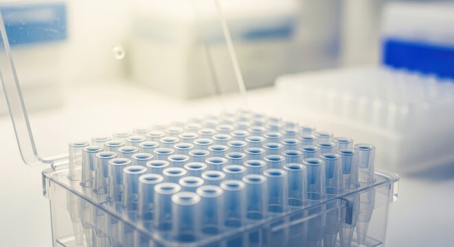 Box of sterile blue pipette tips in a laboratory setting