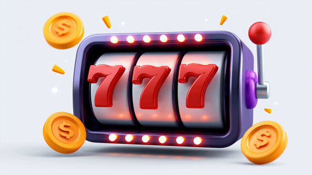 Orangener Spielautomat zeigt 777 Symbole mit fliegenden M&uuml;nzen
