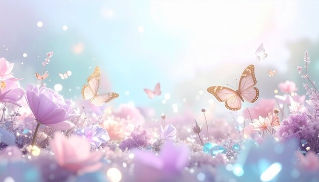 幻想的な春の花畑を舞う色鮮やかな蝶と光が輝く夢幻ファンタジー背景