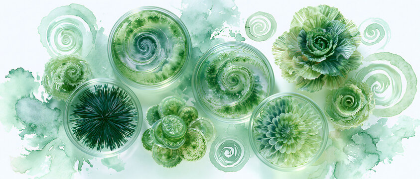 Abstract watercolor banner featuring green microalgae in petri dishes. Concept background for natural cosmetics and skincare advertising