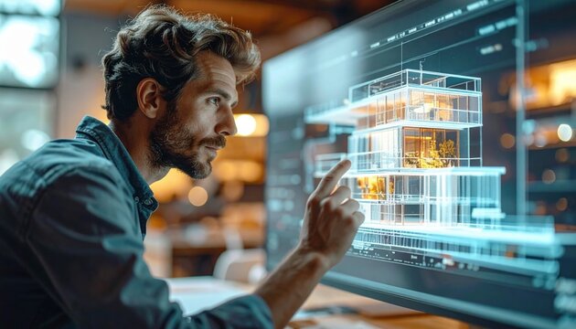 Professional male architect studies a glowing three dimensional digital holographic model of a modern glass building