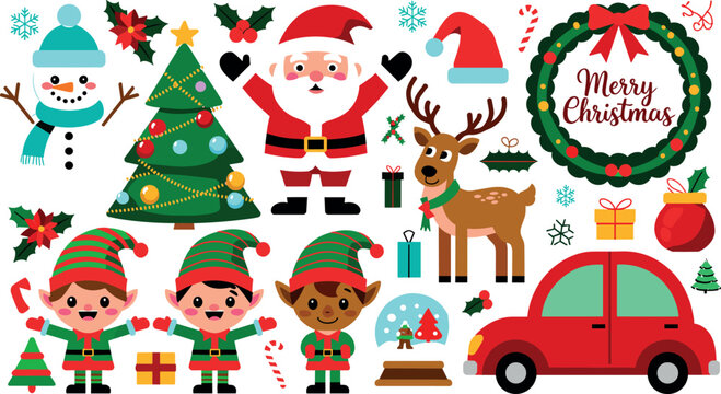 Christmas vector element set with cute Santa Claus snowman reindeer elves christmas tree wreath and red car isolated on white background