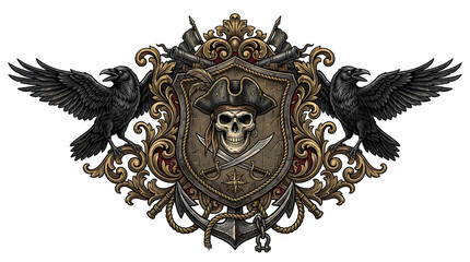 Fototapeta premium Pirate Crest Emblem With Skull and Ravens Isolated on White Background