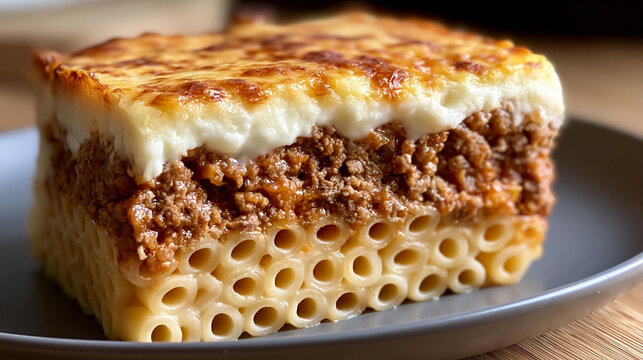 Dampfende Portion Pastitsio mit goldbrauner B&eacute;chamelsauce-Kruste und geschmolzenem K&auml;se auf wei&szlig;em Teller, saftige Schichten aus R&ouml;hrennudeln, w&uuml;rziger Fleischsauce und cremiger B&eacute;chamel