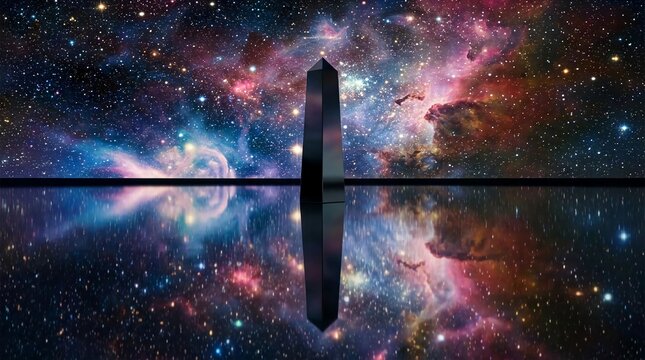 Mystical black monolith in deep space, cosmic nebula reflection on dark water surface, surreal galactic landscape with stars and colorful gas clouds
