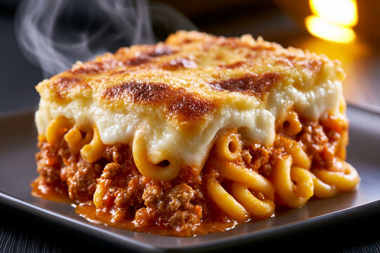 Dampfende Portion Pastitsio mit goldbrauner B&eacute;chamelsauce-Kruste und geschmolzenem K&auml;se auf wei&szlig;em Teller, saftige Schichten aus R&ouml;hrennudeln, w&uuml;rziger Fleischsauce und cremiger B&eacute;chamel
