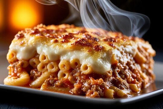Dampfende Portion Pastitsio mit goldbrauner B&eacute;chamelsauce-Kruste und geschmolzenem K&auml;se auf wei&szlig;em Teller, saftige Schichten aus R&ouml;hrennudeln, w&uuml;rziger Fleischsauce und cremiger B&eacute;chamel