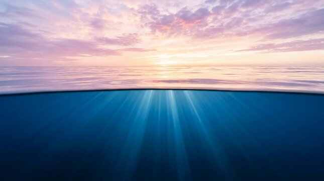 Ocean split view with sunset sky and underwater light rays, deep blue sea water surface, beautiful pink and purple clouds over calm horizon