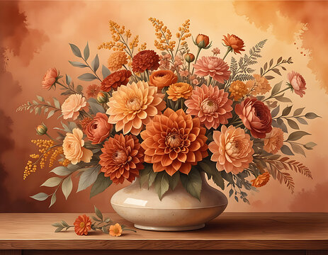 Elegant Autumn Floral Bouquet in Ceramic Vase with Warm Fall Colors