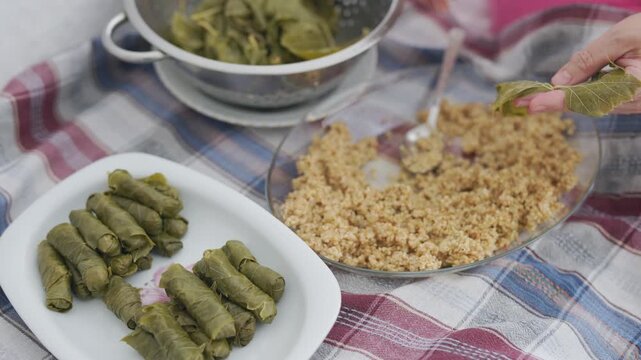 Close-up of making traditional Turkish stuffed grape leaves sarma