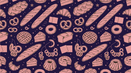 Naklejka premium Seamless bakery pattern featuring assorted bread and pastry sketches on dark blue background seamless illustration croissant culinary background handdrawn assorted repeating
