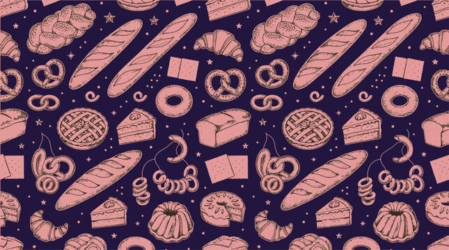 Seamless bakery pattern featuring assorted bread and pastry sketches on dark blue background seamless illustration croissant culinary background handdrawn assorted repeating