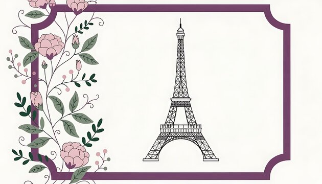 Eiffel tower illustration with floral frame and pink roses illustration