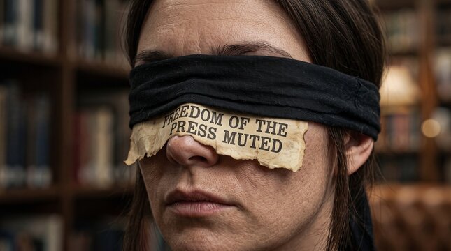 Mujer con los ojos vendados y texto sobre prensa silenciada