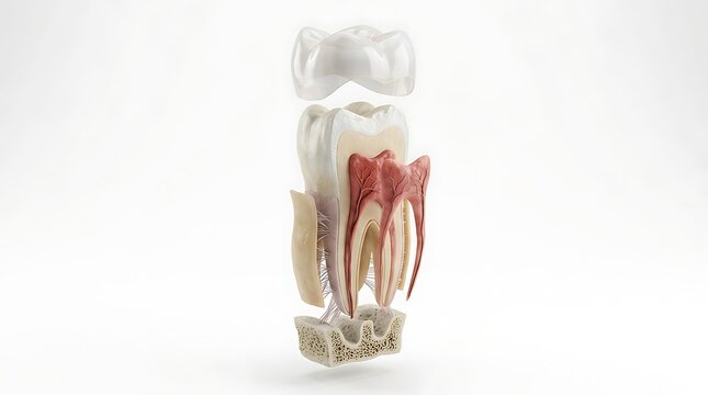 Tooth anatomy diagram displays the internal structure of a molar with a dental crown and root system isolated against a clean white background for medical education and clinical reference purposes.