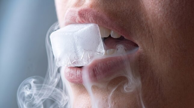 Mujer sosteniendo hielo seco con los labios