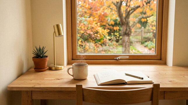 Cozy autumn desk by the window, warm drink, book, and lamp, fall foliage outside.