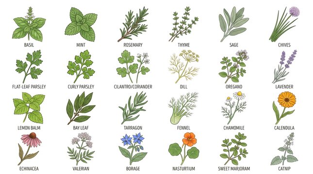 Detailed collection of vibrant hand drawn culinary herbs and medicinal plants featuring basil mint rosemary thyme sage chives parsley cilantro dill oregano lavender lemon balm bay leaf tarragon fennel