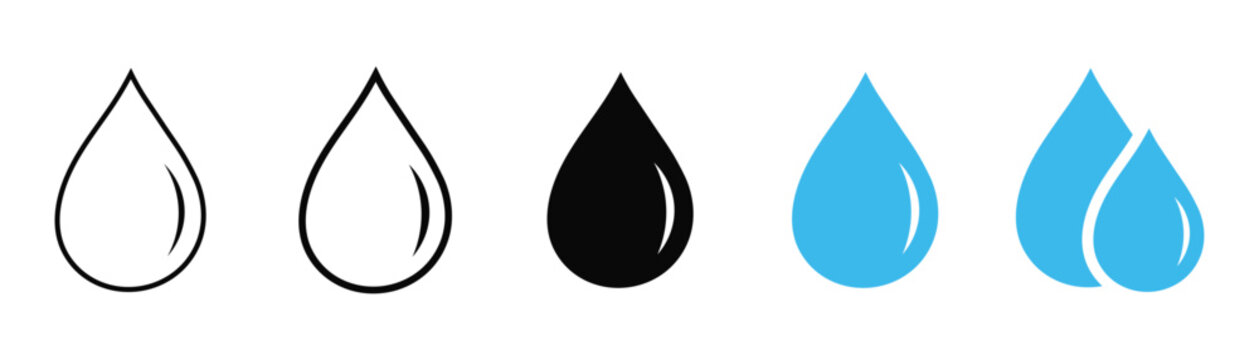 Water drop icon set showing different vector styles including outline flat black color and blue liquid droplet variations
