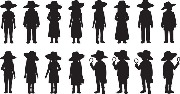Diverse children silhouettes in wide-brimmed hats during exploration with magnifying glasses against a white background concept