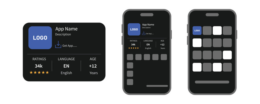 App store product detail page template with mobile view layout and application icon preview on dark user interface