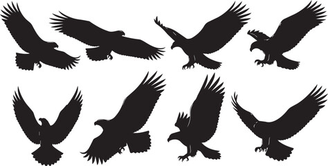 Eagle silhouettes in flight on white background symbolizing freedom and power © SDR