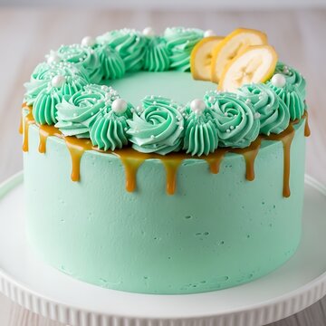 Beautiful turquoise frosted banana cake with caramel drip.