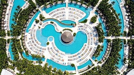 Fototapeta premium Aerial view of a luxury tropical resort swimming pool with circular designs surrounded by lush green palm trees and many white lounge chairs under bright sunlight on a beautiful warm summer vacation d