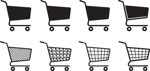 Eight shopping cart icons with varied designs on white background © SDR