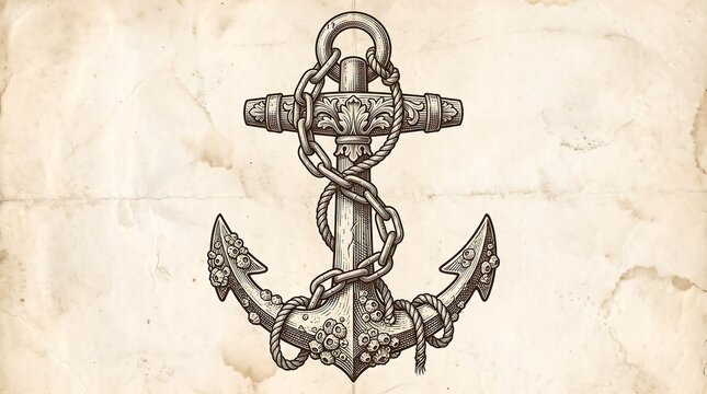 Detailed vintage style illustration of a heavy metal nautical anchor wrapped in thick rope featuring ornate decorative carvings and natural barnacles presented on a textured antique paper background f
