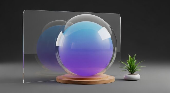 3D render of blue and purple gradient orb inside clear glass sphere on wooden base, featuring reflective glass panel and small potted plant on a dark grey studio background.