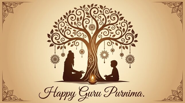 Happy Guru Purnima abstract vector artwork featuring silhouettes of a guru and shishya in a sacred posture under a Bodhi tree, glowing auras, and traditional Indian decorative borders.
