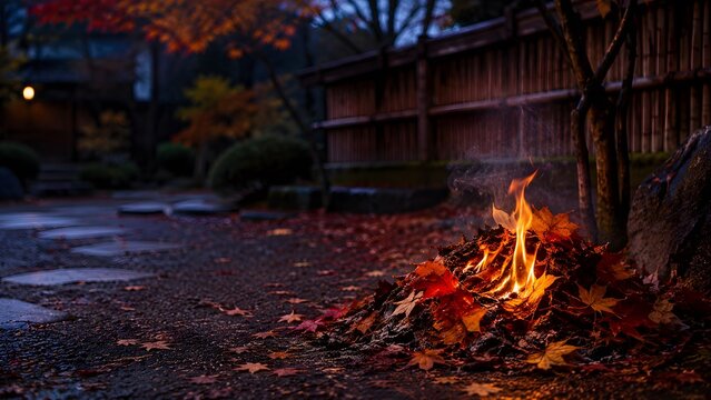 落ち葉焚きの小さな炎 木塀と紅葉に囲まれた晩秋の庭先の情景