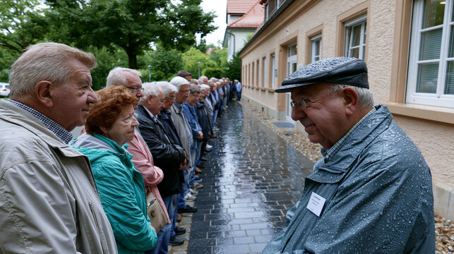 Seniorengruppe steht plaudernd an Wasserspiel in historischer Altstadt