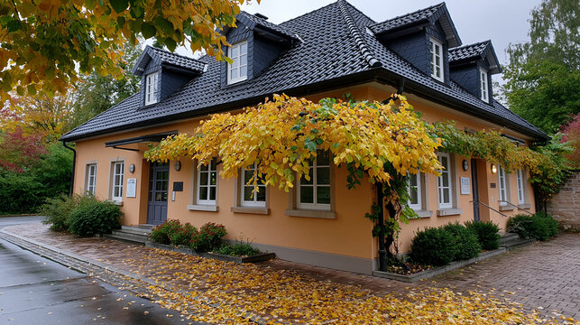 Gelbes Fachwerkhaus mit herbstlichem Weinlaub an der Fassade