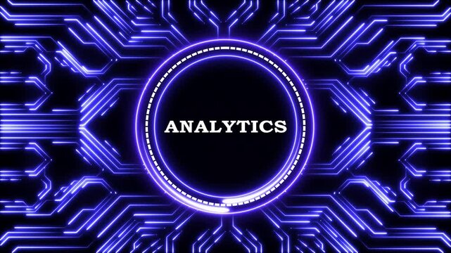 Futuristic circuit board animation featuring analytics text in glowing circle.