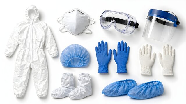 Medical Level 3 Personal Protective Equipment PPE Set Isolated on White Background, Complete Infection Control Protective Gear Flat Lay