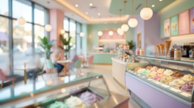 Blurred pastel ice cream shop interior gelato cafe dessert parlor boutique creamery shop seating area aesthetic sweet store display case