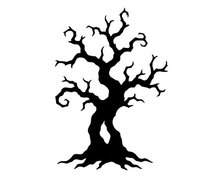Twisted old tree with a dense crown of jagged bare branches a sculptural curved trunk and broad roots suggesting a restless enchanted forest in autumn darkness and folklore