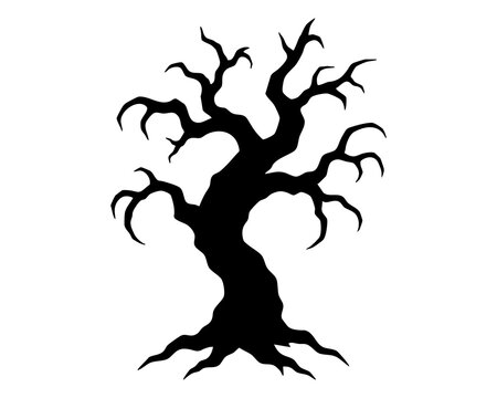 Windswept haunted tree with a dramatically curved trunk long clawlike branches and spreading roots capturing wild motion eerie autumn weather and mysterious forest folklore