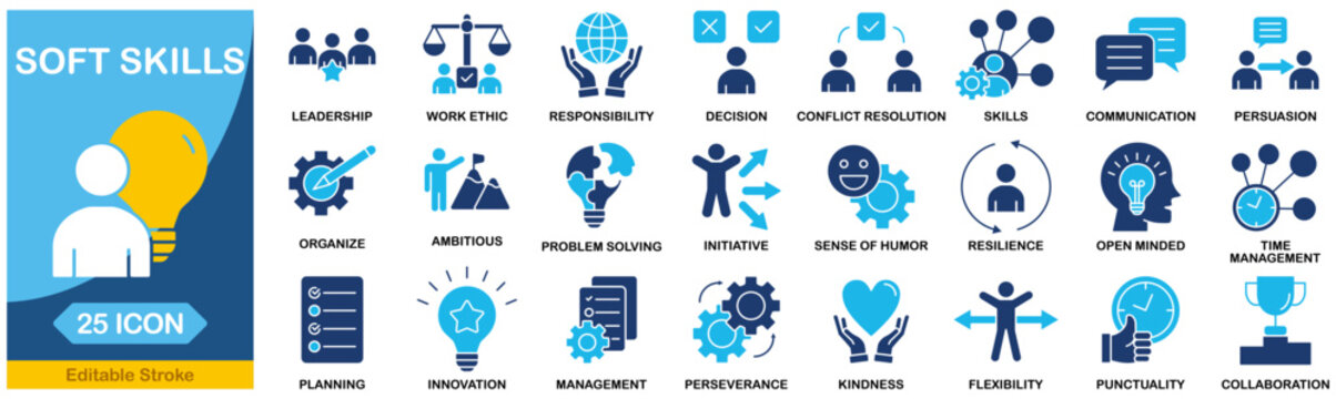 Soft skills icon set collection in Blue Monochrome Flat Design. time management and work ethics Editable stroke. Vector illustration.