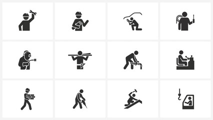 Fototapeta premium Flat design icons showing various construction and manual labor activities in hard hat silhouettes with displays twelve minimalist icons with icons