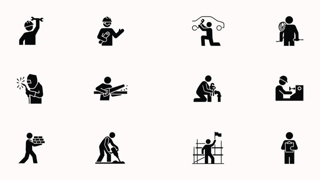 Black and white line icons of construction and maintenance professionals in action with flat design style bold outlines uniform background clarity versatility
