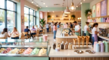 Fototapeta premium Ice cream parlor interior gelato shop blurred background dessert cafe counter pastry shop modern cafeteria indoor restaurant pastel colors