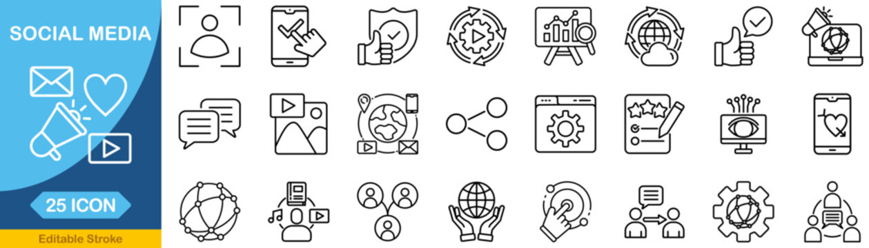 Social Media icon set. Editable line icons. Vector illustration