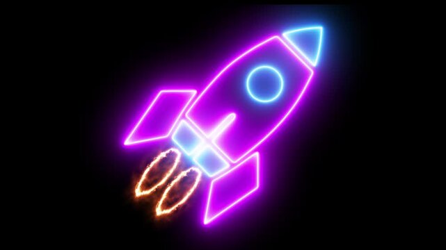 Glowing neon line rocket on black background. Space, startup, creative idea, business, innovation and technology idea. Motion graphics of spaceship. 4k video animation. 