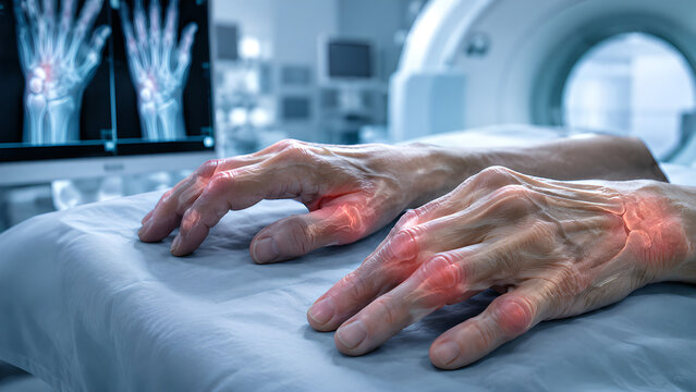 Rheumatoid arthritis hand joints radiology concept with inflamed synovium, swollen fingers and wrist inflammation in clean clinical imaging room for medical education and patient care design
