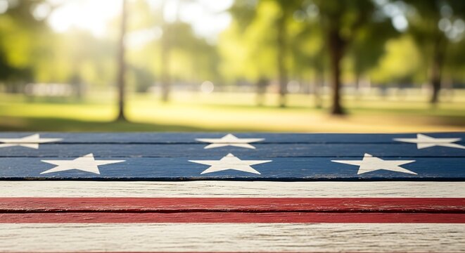 Rustic wooden picnic table with American flag stars and stripes pattern