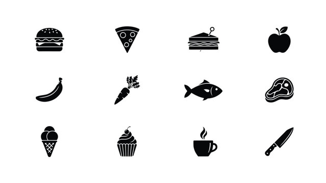 Minimalist black and white food icons set with arranged neatly grid pattern against plain background sleek versatile design aesthetic suitable culinary lifestyle projects