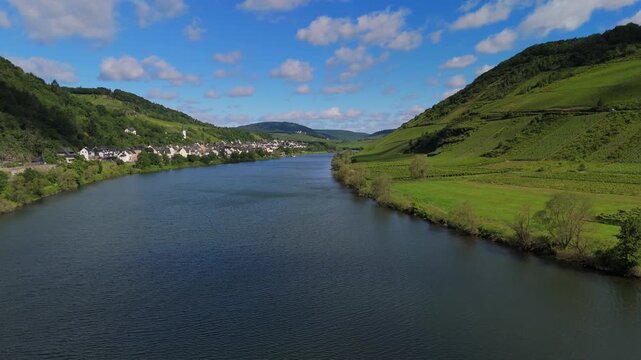 Sunny Panorama of Zell Wine Region and Mosel River Germany